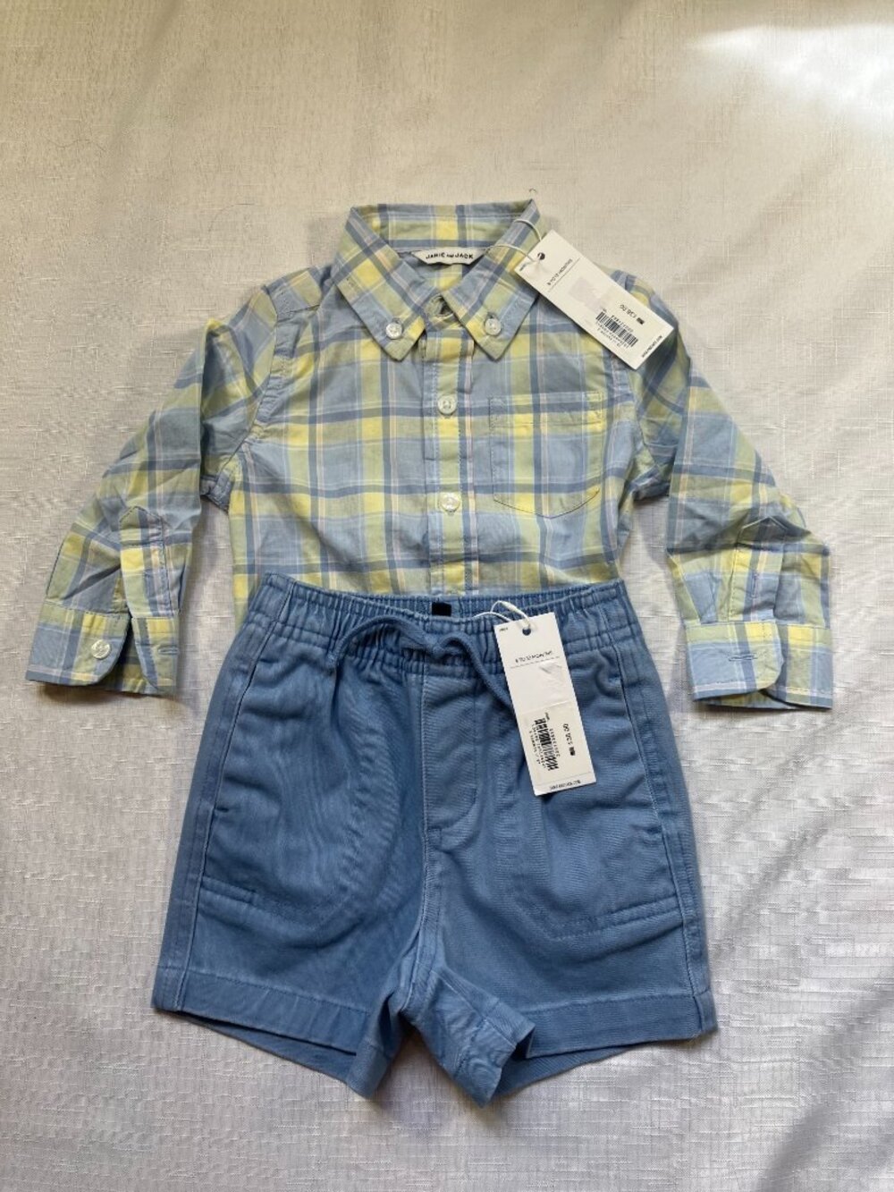 NWT Janie and Jack Set L/S Button Up Shirt & Shorts, Blue/yellow 6-12 mo.